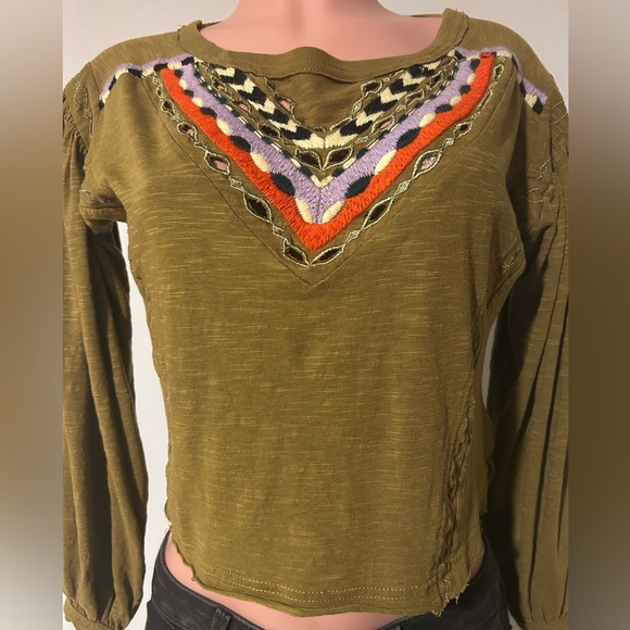 Free People Boho Moss Green Top Long Sleeve Embroidered Size XS - Picture 6 of 10